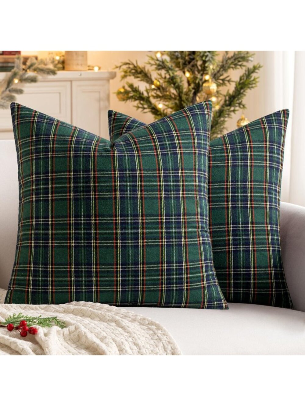 Cozy Christmas Plaid Pillow Covers, 18x18 Green Scottish Tartan Decor